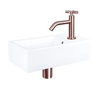 Differnz Force kit lave-mains - 40x22x11.5cm - Rectangulaire - 1 trou de robinet - Robinet en cuivre rose courbé - poignée croix - Céramique blanche 38.400.57