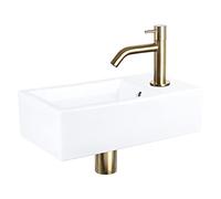 Differnz Force Lavabo en céramique blanc, robinet incurvé, or mat, kit complet, 40 x 22 x 11,5 cm