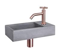 Differnz Force Lavabo - Gris foncé - Béton - Robinet incurvé avec poignée en croix - Cuivre rouge - Kit complet - 40 x 22 x 8 cm