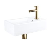 Differnz Force Lavabo - Lave main Céramique Blanche Brillante - Robinet Droit Or Mat - Ensemble Complet - 40 x 22 x 11,5 cm