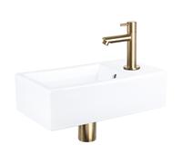 Differnz Force Set lave-mains 40x22x8cm 1 trou avec robinet droit et siphon + bonde dorés mat Rectangulaire Céramique Blanc 38.400.59