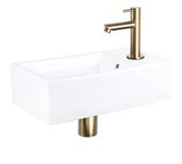 Differnz Force Lavabo - Lave main Céramique Blanche Brillante - Robinet Droit Or Mat - Ensemble Complet - 40 x 22 x 11,5 cm