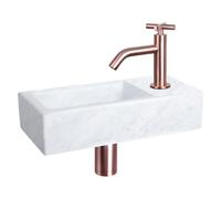 Differnz Helios kit lave-mains - 37.5x18.5x9.5cm - trou de robinet à droite - avec robinet courbé à croisillon cuivre - marbre (blanc) SW538261/SW547610/SW705274/SW705490