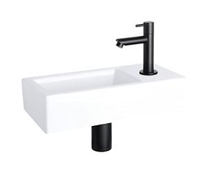 Differnz Helios Lavabo, Lave main Céramique Blanche, Robinet Froide à Droite, Noir, Vasque, Ensemble Complet, Pour Salle de Bain - 37.5 x 18 x 9.5 cm