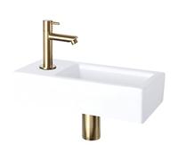 Differnz Helios Set Lavabo 37,5x18,5x9 cm - Vasque Céramique Blanche - Avec Robinet Droit Or Mat à Gauche - Ensemble WC Complet - Siphon et Bonde Always-Open Inclus - Murale