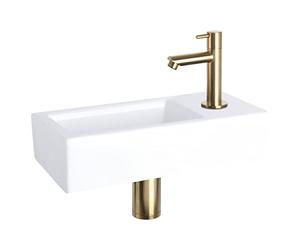Differnz Helios Vasque - Lavabo en Céramique 37,5x18,5x9,5 cm - Ensemble Lavabo WC avec Robinet Droit Or Mat - Vasque à Poser avec Mitigeur Droit et Poignée Standard - Pour Salle de Bain ou Toilettes