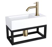 Differnz Ravo kit lave-mains - 38.5x18.5x25cm - Rectangulaire - 1 trou de robinet - Robinet courbé doré mat - avec cadre noir - Céramique Blanche 38.401.90