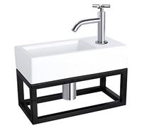 Differnz Ravo Lavabo avec porte-serviettes - Lavabo céramique blanc - Robinet d'eau froide chromé avec poignée en croix - Kit complet avec robinetterie - 38,5 x 18,5 x 9 cm