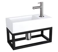 Differnz Ravo Lavabo avec porte-serviettes - Lavabo en céramique blanc - Robinet d'eau froide chromé mat - Kit complet avec robinetteries - 38,5 x 18,5 x 9 cm