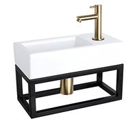Differnz Ravo Lavabo avec porte-serviettes - Lavabo en céramique blanc - Robinet d'eau froide doré - Kit complet avec robinetteries - 38,5 x 18,5 x 9 cm