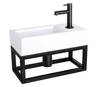 Differnz Ravo Lavabo avec porte-serviettes - Lavabo en céramique blanche - Robinet d'eau froide noir - Kit complet avec robinetteries noires - 38,5 x 18,5 x 9 cm