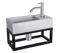 Differnz Ravo Lavabo avec porte-serviettes - Lavabo gris clair béton - Robinet d'eau froide chromé - Kit complet avec robinetteries - 38,5 x 18,5 x 9 cm