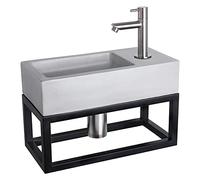 Differnz Ravo Lavabo avec porte-serviettes - Lavabo gris clair béton - Robinet d'eau froide chromé mat - Kit complet avec robinetteries - 38,5 x 18,5 x 9 cm