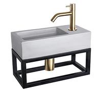 Differnz Ravo Lavabo avec porte-serviettes - Lavabo gris clair béton - Robinet d'eau froide incurvé doré - Kit complet avec robinetteries - 38,5 x 18,5 x 9 cm