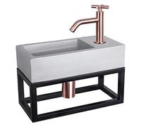 Differnz Ravo Lavabo avec porte-serviettes - Lavabo gris clair béton - Robinet d'eau froide rouge cuivre avec poignée croisée - Kit complet avec robinetterie - 38,5 x 18,5 x 9 cm