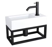 Differnz Ravo Set lave-mains 38.5x18.5x25cm 1 trou avec robinet courbé et siphon + bonde noir mat Rectangulaire Céramique Blanc 38.401.80