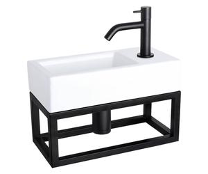 Differnz Ravo Set lave-mains 38.5x18.5x25cm 1 trou avec robinet courbé et siphon + bonde noir mat Rectangulaire Céramique Blanc 38.401.80