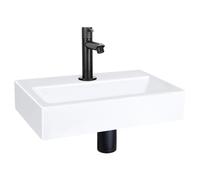 Differnz Set Lavabo Plat 38x24x7 cm - Vasque en Céramique Avec Robinet - Robinet Droit Eau Froide Noir Mat - Avec Bonde et Siphon - Lavabo WC Rectangulaire - Blanc