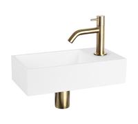 Differnz Solid kit lave-mains - 36x18.5x9cm - Rectangulaire - 1 trou de robinet - Robinet courbé doré mat - Solid Surface blanche 38.402.38