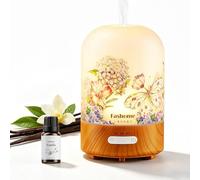 Diffuseur d'arômes 100 ml en verre fait à la main, diffuseur d'huiles essentielles à ultrasons avec imprimé floral printanier, avec 10 ml d'huile de vanille, 4 modes de temps et 3 effets lumineux