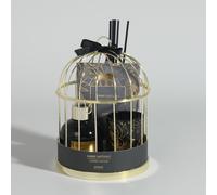 Diffuseur en verre (50ml), sachet et bougie parfumés ambre gris et support cage en métal doré 13.6x19.5x13.6cm Doré
