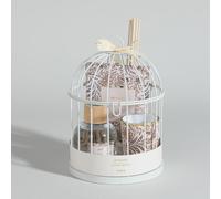 Diffuseur en verre (50ml), sachet et bougie parfumés voile de coton et support cage en acier blanc 13.6x19.5x13.6cm Doré