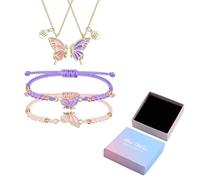 DIFLAX 2 Ensembles BFF Collier Pendentif Bijoux Papillon et Bracelets Papillon Collier Bracelet Réglable pour Meilleurs Amis Cadeaux Bijoux pour Anniversaire Fête Fille (Rose+Violet)