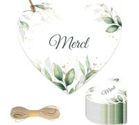 DIFLAX 50 Pièces Étiquette de remerciement, Étiquettes Cadeaux Blanches en Forme de Cœur - Double Face Avec Ficelle en Papier Kraft - Pour Loisirs Créatifs, Emballages et Fêtes