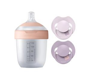 Difrax LOVI Coffret Naissance - Biberon 150 ml - 2 Sucettes Lilas | Biberon Mammafeel anti-colique, sucettes dynamiques 0-6 mois, silicone souple, sans BPA
