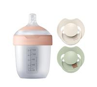 Difrax LOVI Coffret Naissance - Biberon 150 ml - 2 Sucettes Rose et Vert | Biberon Mammafeel anti-colique, sucettes dynamiques 0-6 mois, silicone souple, sans BPA