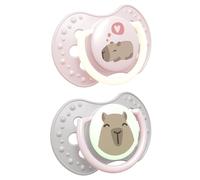 Difrax LOVI Sucette Dynamique - 0-6 Mois - Glow - Capybara rose - 2 pièces | Compatible avec l’allaitement maternel - Sans BPA - Fabriquée dans l’UE, en Pologne