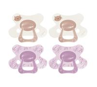 Difrax Natural Sucette 12-18 Mois - Tétine en Silicone Souple - Motif Chat - Brun & Mauve - 4 Pièces - Sucette Anatomique Facile à Accepter - Sans BPA - Confort Nocturne