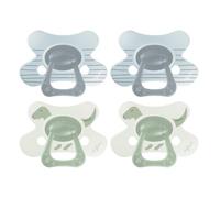 Difrax Natural Sucette 18 Mois et Plus - Tétine en Silicone Souple - Motif Dinosaure - Bleu & Vert Sauge - 4 Pièces - Sucette Anatomique Facile à Accepter - Sans BPA - Confort Nocturne