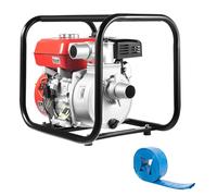 DIFU Pompe à eau à essence 7,5 CV 4 temps avec conduite d'eau de 7,5 m, pompe moteur 2" raccord 26 000 l/h, pompe pour eaux usées auto-amorçante, pompe de jardin, camping-car, pompe de bassin