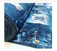 DIGI Denim Tissu effet jean pour ameublement, rideaux - Tissu en coton bleu denim patchwork - Toile denim imprimée jeans - 280 cm extra large (au mètre)