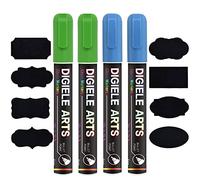 DIGIELE Marqueur Craie Bleu + Vert, 2pcs Marqueurs Craie Bleu 6mm + 2pcs Feutre Craie Liquide Vert 6mm + 16 Etiquettes Noir, Effaçage avec Chiffon Humide ou Sec, Pointe Réversible Ogive ou Biseau