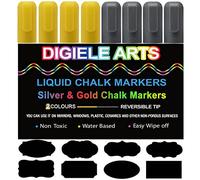 DIGIELE Marqueur Craie Or et Argent, 4pcs Marqueurs Craie Or 6mm + 4pcs Feutre Craie Liquide Argent 6mm + 32 Etiquettes Noir, Effaçage avec Chiffon Humide ou Sec, Pointe Réversible Ogive ou Biseau