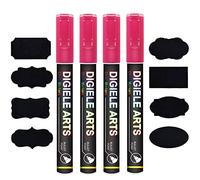 DIGIELE Marqueur Craie Rose, 4 Pièce Feutre Craie Liquide Rose 3mm + 16 Etiquettes Tableau, Effaçage par Chiffon Humide ou Sec, Pointe Réversible Ogive ou Biseau Marqueurs pour Tableau/Fenêtre/Verre