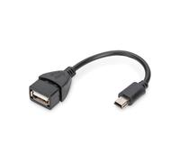 Digitus Adaptateur USB 2.0 OTG Mini-USB B Mâle vers USB A Femelle, Longueur 0.2m, Contacts Nickel, AWG 28, Noir, Plug and Play, Référence AK-300310-002-S