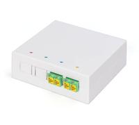 DIGITUS Boîtier FTTH - 2 coupleurs duplex LC/APC avec obturateur - Fibre optique monomode - Cassette d'épissure à fibre optique intégrée - Classe de protection IP45 - Montage mural ou rail DIN - Blanc