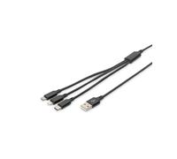 Digitus Câble de Charge 3-en-1 AK-300160-010-S, USB-A vers USB-C/Micro-USB/8-pin, 1m, 5V/2A, Tresse Nylon, AWG30, Nickel, Noir