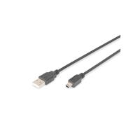 Digitus Câble USB 2.0 AK-300108-018-S : USB-A vers Mini-USB B, 1.8m, 480 Mbit/s, AWG28, Cuivre, Blindage feuille/tresse, Noir