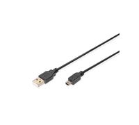 Digitus Câble USB 2.0 AK-300130-010-S, 1m, USB A vers Mini-USB B, Mâle/Mâle, Contacts Nickelés, Noir, Débit jusqu'à 480 Mbps