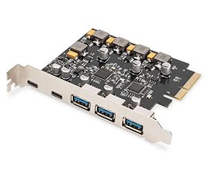 DIGITUS Carte IO - PCIe - 2X USB-C, 3X USB A - Carte d'interface USB 3.1 Gen 2 - jusqu'à 10 Gbps - Plug & Play