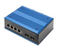 DIGITUS Commutateur réseau PoE - 6 Ports Gigabit Ethernet - 4X RJ45 + 2X SFP - IP40 - 10/100/1000 Mbit/s - Montage sur Rail - série Industrielle - Noir/Bleu