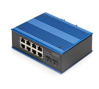 DIGITUS Commutateur réseau PoE - 10 Ports Gigabit Ethernet - 8X RJ45 + 2X SFP - IP40 - 10/100/1000 Mbit/s - Montage sur Rail - série Industrielle - Noir/Bleu