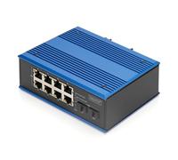 DIGITUS Commutateur réseau PoE - 10 Ports Gigabit Ethernet - 8X RJ45 + 2X SFP - IP40 - 10/100/1000 Mbit/s - Montage sur Rail - série Industrielle - Noir/Bleu