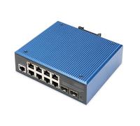 DIGITUS Commutateur réseau PoE - 10 Ports Gigabit Ethernet - 8X RJ45 + 2X SFP - IP40 - L2 géré - 10/100/1000 Mbit/s - Montage sur Rail DIN - série Industrielle - Noir/Bleu