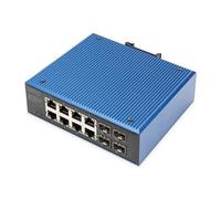 DIGITUS Commutateur réseau PoE - 12 Ports Gigabit Ethernet - 8X RJ45 + 4X SFP - IP40 - 10/100/1000 Mbit/s - Montage sur Rail - série Industrielle - Noir/Bleu