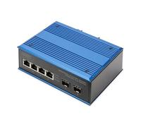 DIGITUS Commutateur réseau PoE - 6 Ports Gigabit Ethernet - 4X RJ45 + 2X SFP - IP40 - 10/100/1000 Mbit/s - Montage sur Rail - série Industrielle - Noir/Bleu